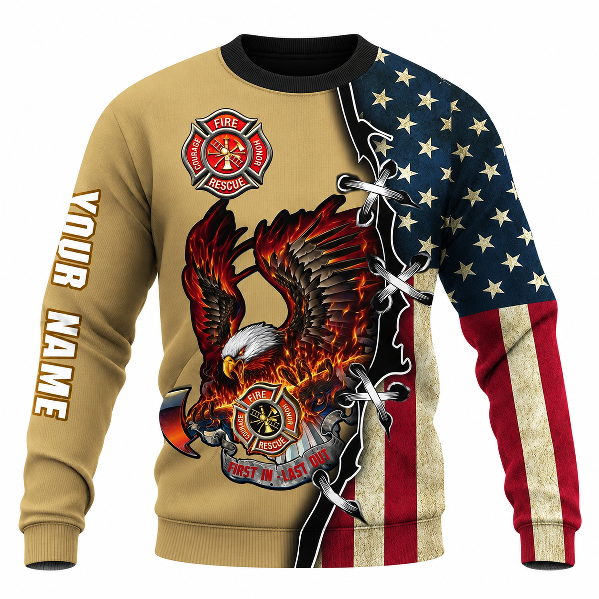 Personalized Firefighter Hoodie & T-Shirt - Flame Eagle And American Flag – Sweatshirt, front view