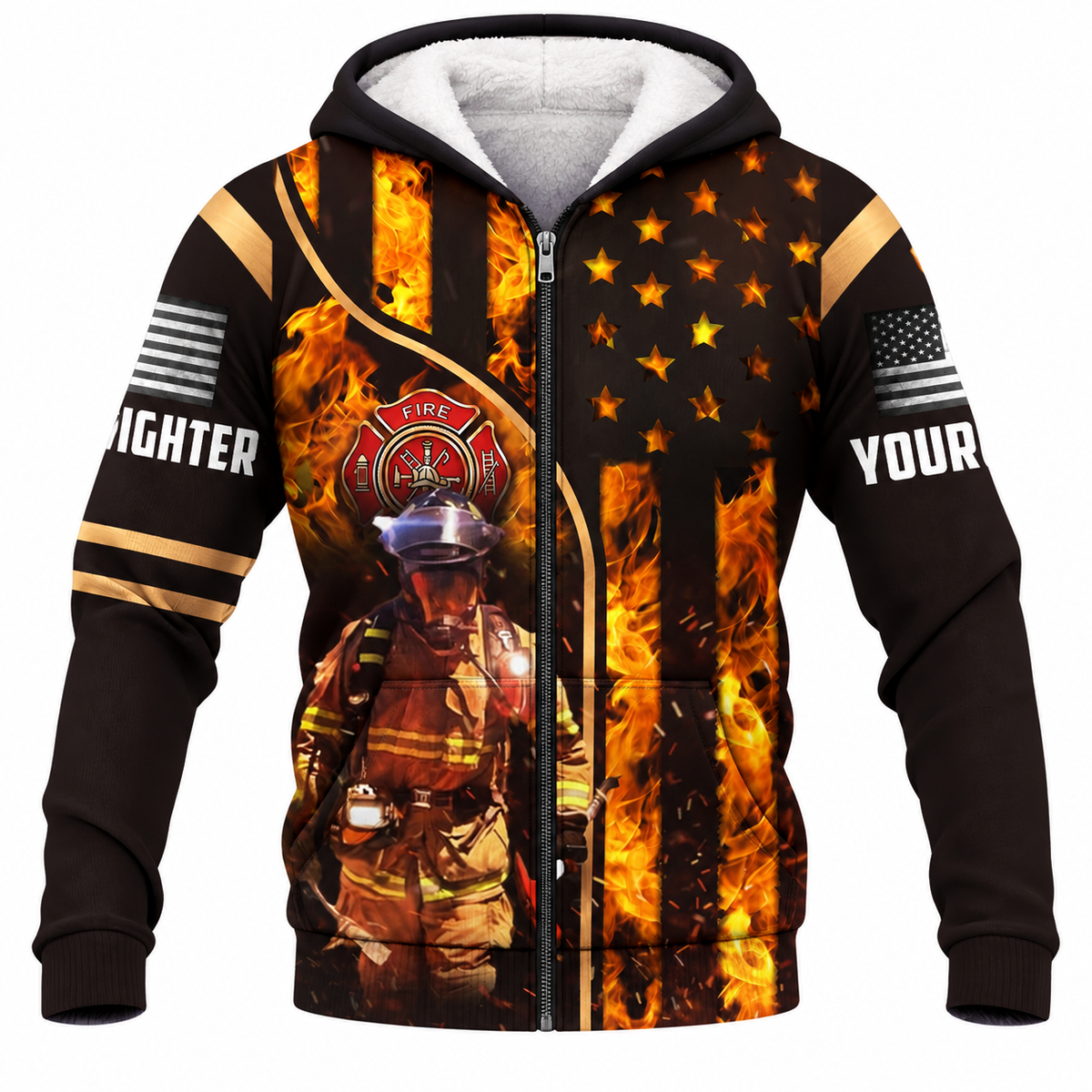 Personalized Firefighter Hoodie & T-Shirt - Firefighter And Flame Flag – Fleece Zip Hoodie, front view