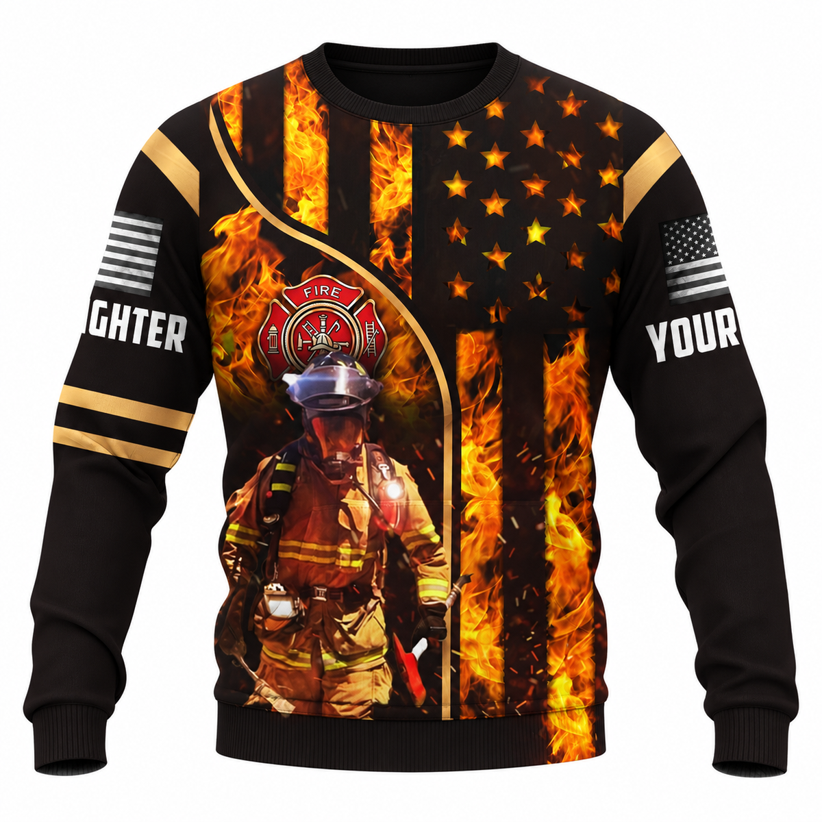 Personalized Firefighter Hoodie & T-Shirt - Firefighter And Flame Flag – Sweatshirt, front view