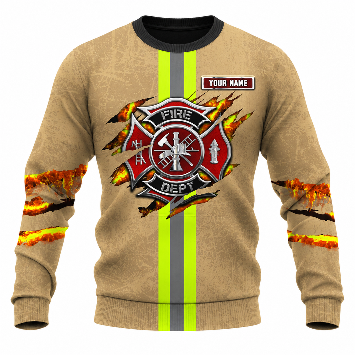 Personalized Firefighter Hoodie & T-Shirt - Tan Fire Badge Stripe Print – Sweatshirt, front view