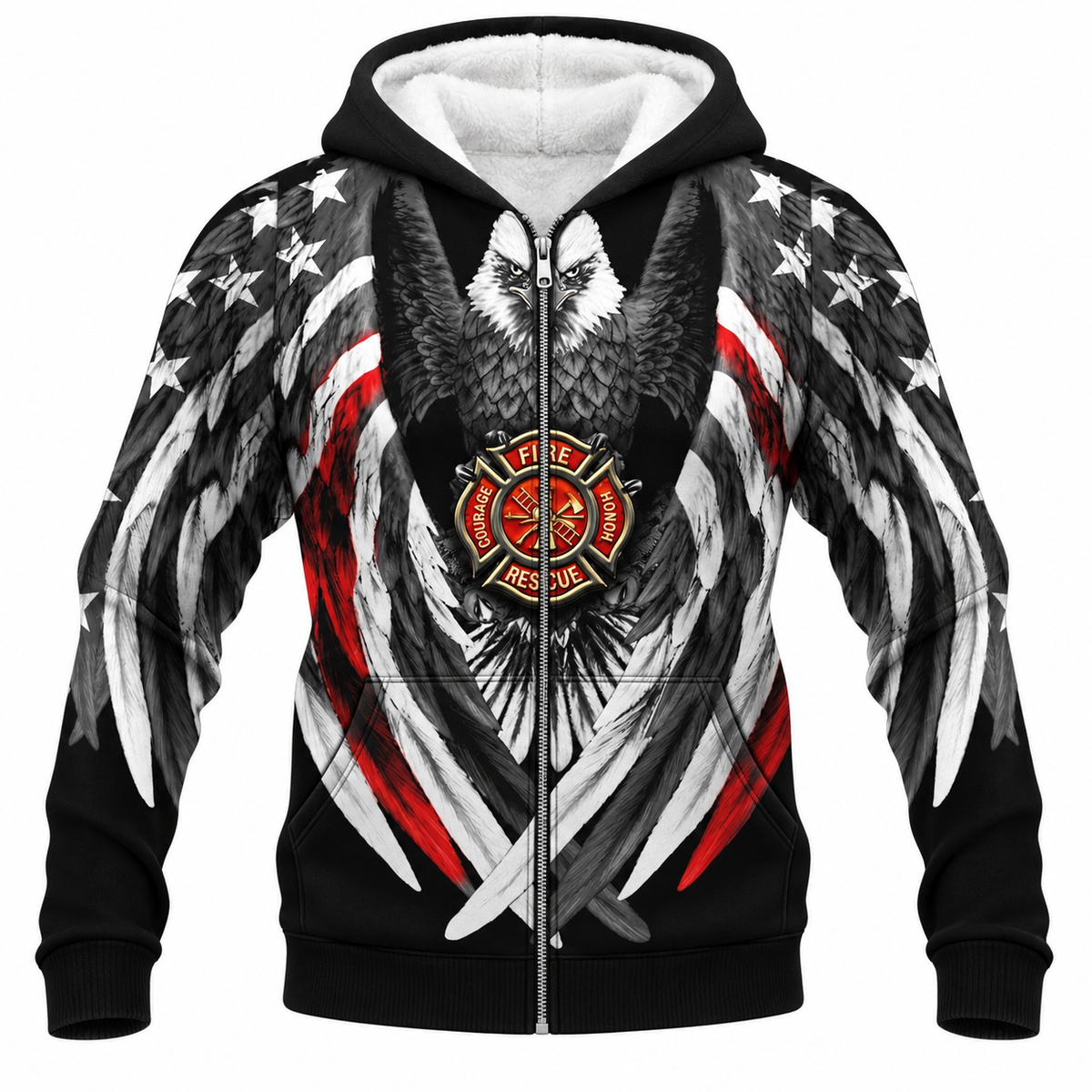Personalized Firefighter Hoodie & T-Shirt - Eagle Wings Fire Badge – Fleece Zip Hoodie, front view