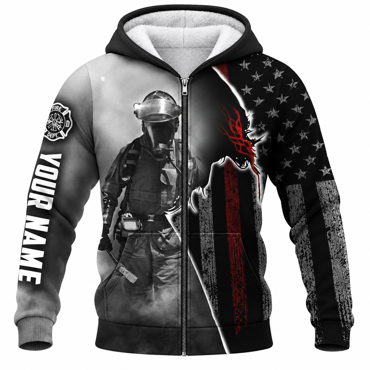Personalized Firefighter Hoodie & T-Shirt - Black And White Firefighter Flag – Fleece Zip Hoodie, front view
