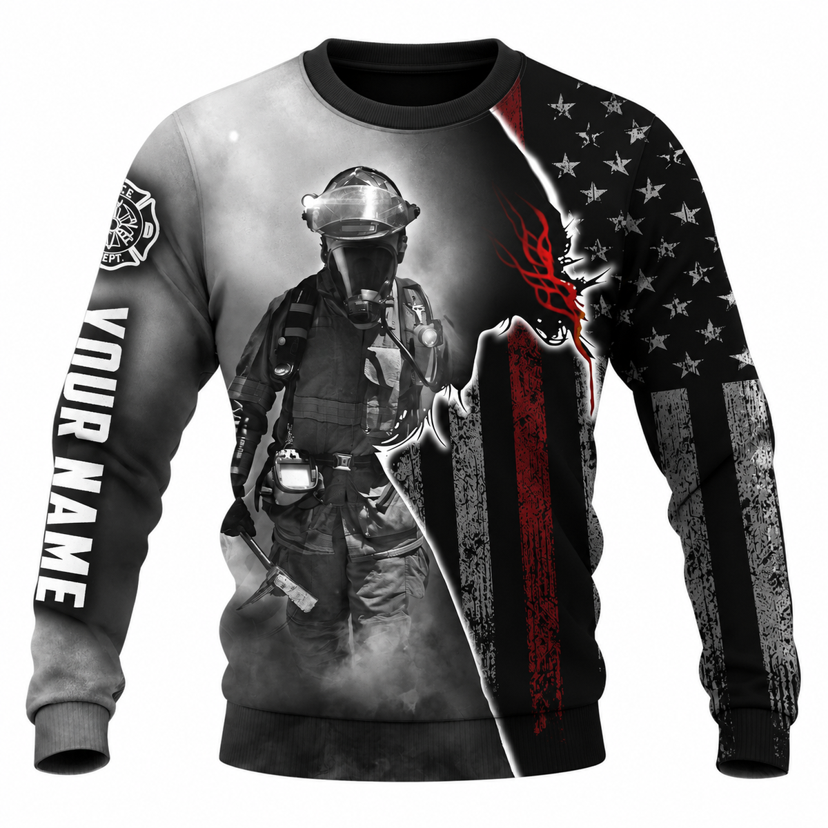Personalized Firefighter Hoodie & T-Shirt - Black And White Firefighter Flag – Sweatshirt, front view