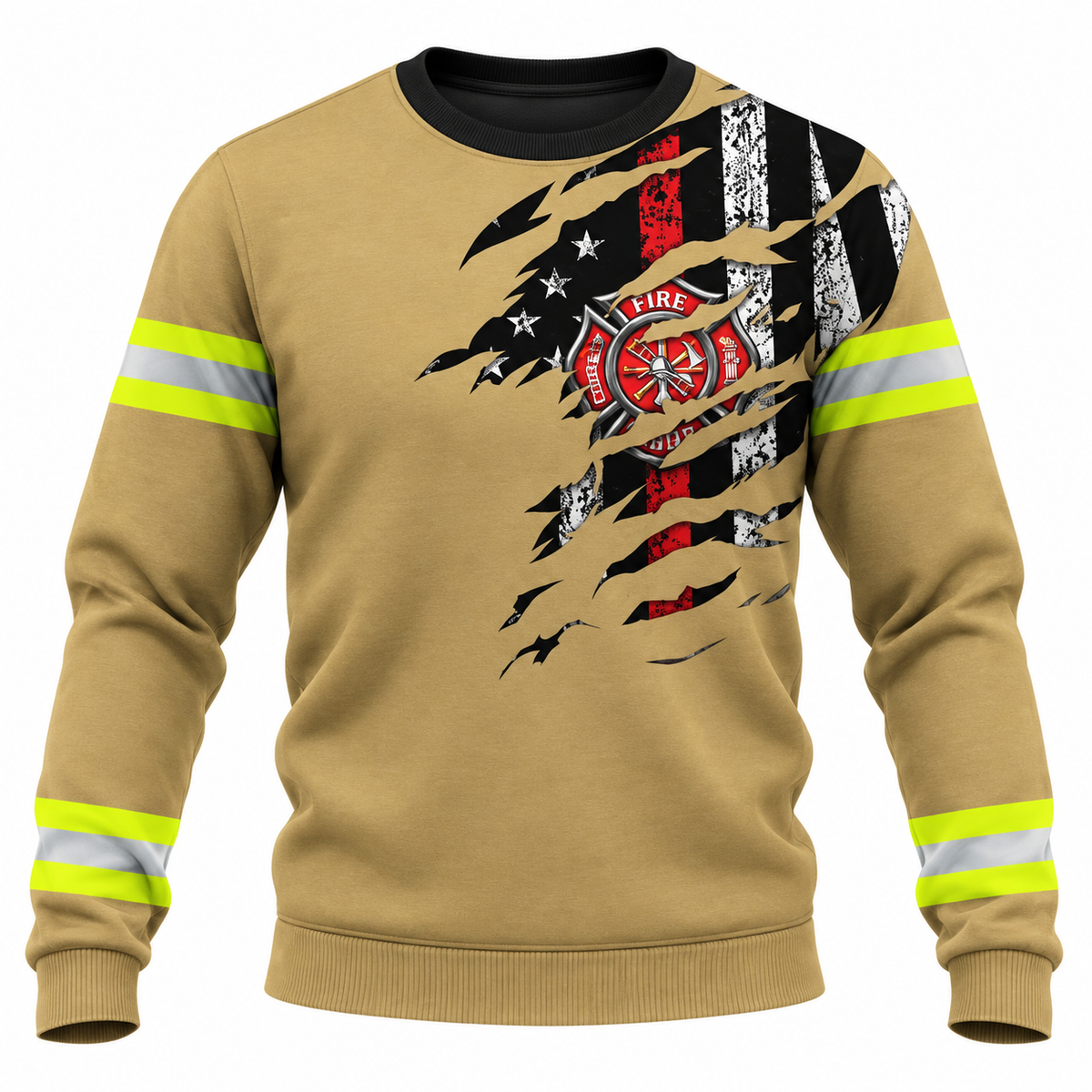 Personalized Firefighter Hoodie & T-Shirt - Tan Distressed Flag Fire Badge – Sweatshirt, front view