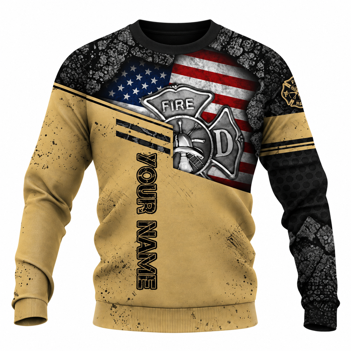 Personalized Firefighter Hoodie & T-Shirt - Tan Flag Fire Department Print – Sweatshirt, front view