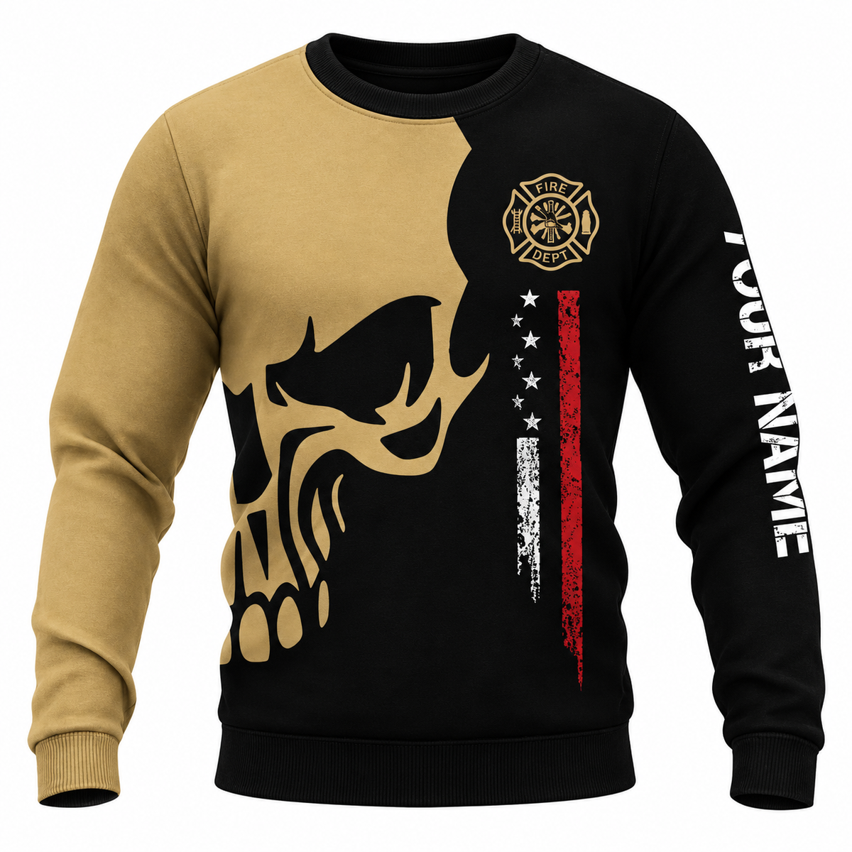 Personalized Firefighter Hoodie & T-Shirt - Tan And Black Skull Flag – Sweatshirt, front view