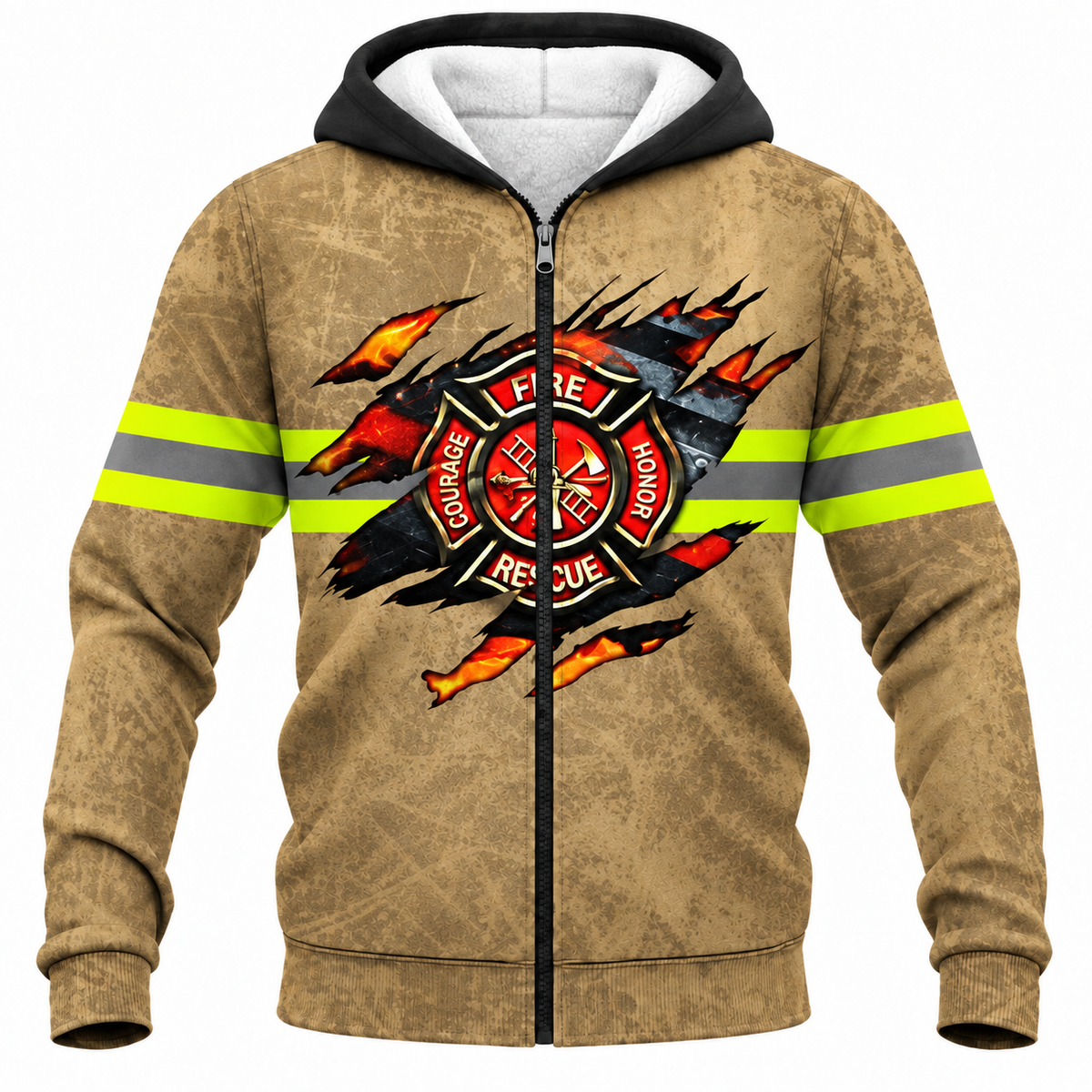 Personalized Firefighter Hoodie & T-Shirt - Tan Fire Rescue Claw Print – Fleece Zip Hoodie, front view