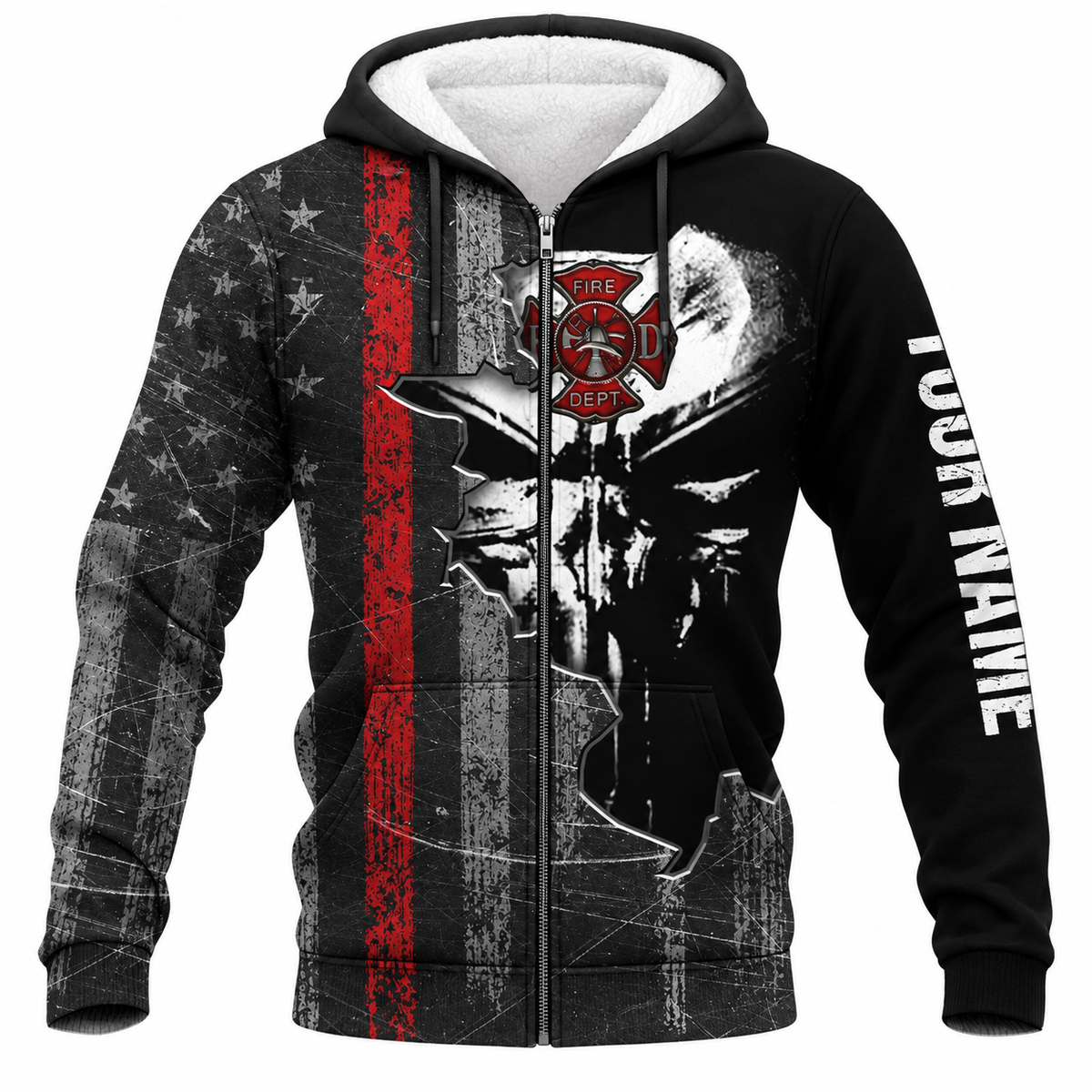Personalized Firefighter Hoodie & T-Shirt - Black Skull Thin Red Line – Fleece Zip Hoodie, front view