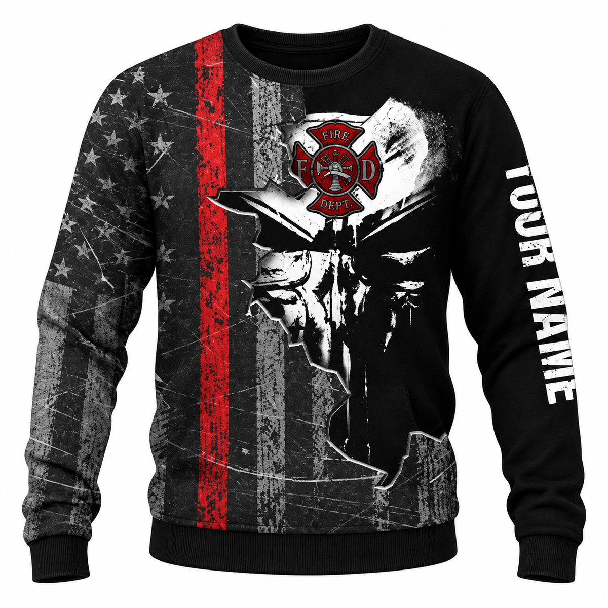 Personalized Firefighter Hoodie & T-Shirt - Black Skull Thin Red Line – Sweatshirt, front view