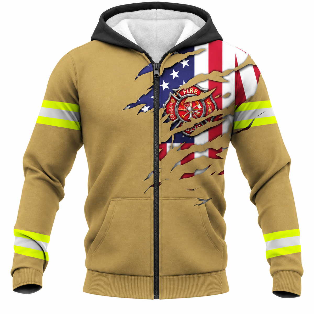 Personalized Firefighter Hoodie & T-Shirt - Tan American Flag Fire Badge – Fleece Zip Hoodie, front view