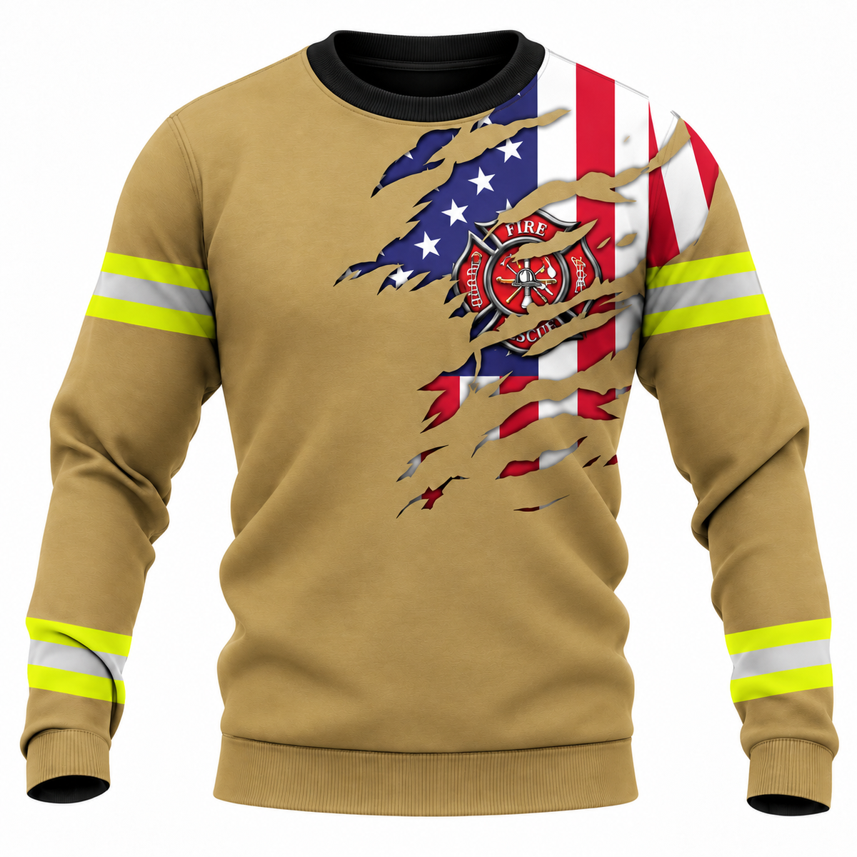 Personalized Firefighter Hoodie & T-Shirt - Tan American Flag Fire Badge – Sweatshirt, front view
