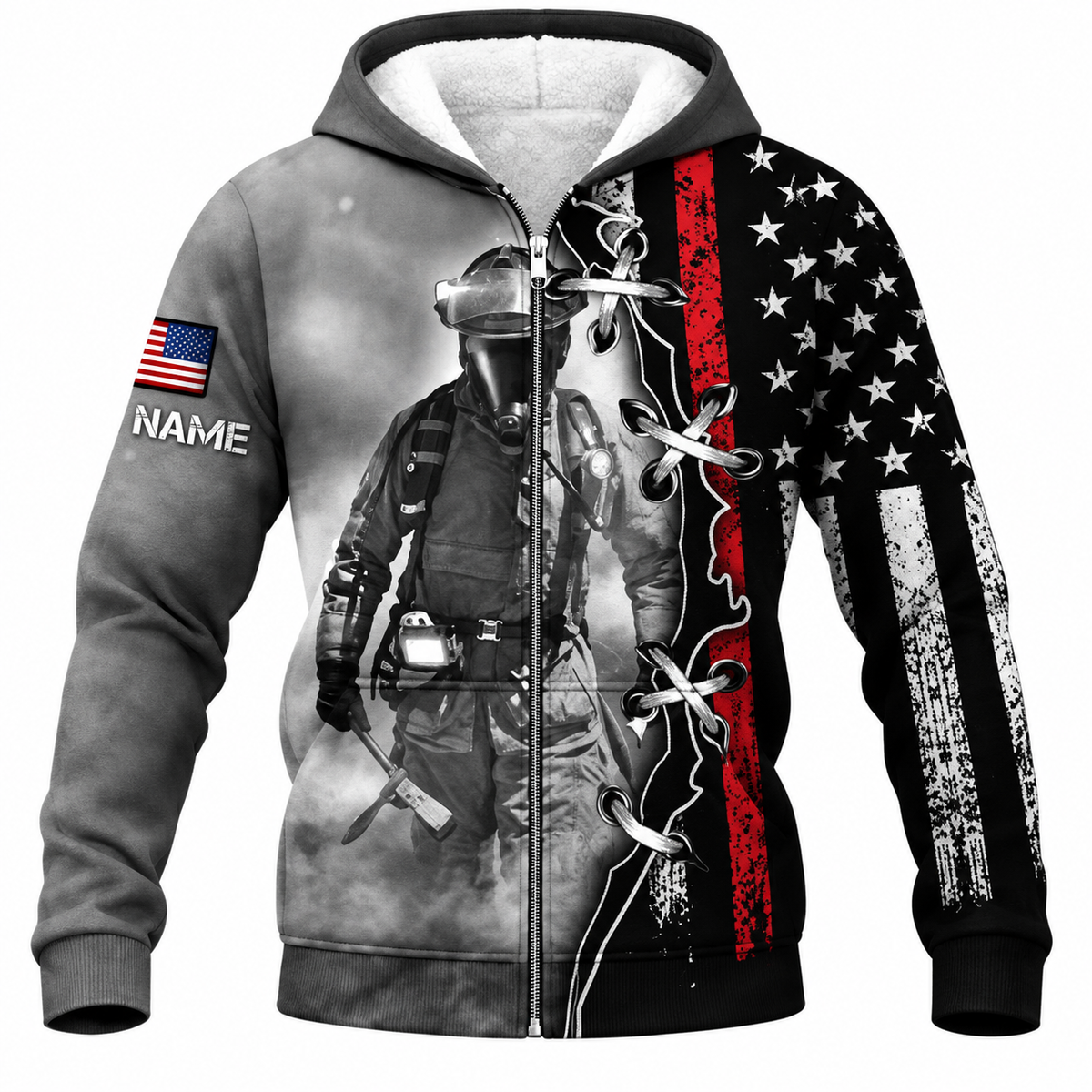 Personalized Firefighter Hoodie & T-Shirt - Grey Firefighter Flag Print – Fleece Zip Hoodie, front view