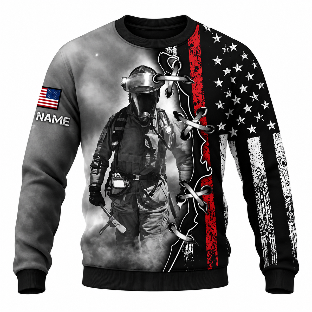 Personalized Firefighter Hoodie & T-Shirt - Grey Firefighter Flag Print – Sweatshirt, front view