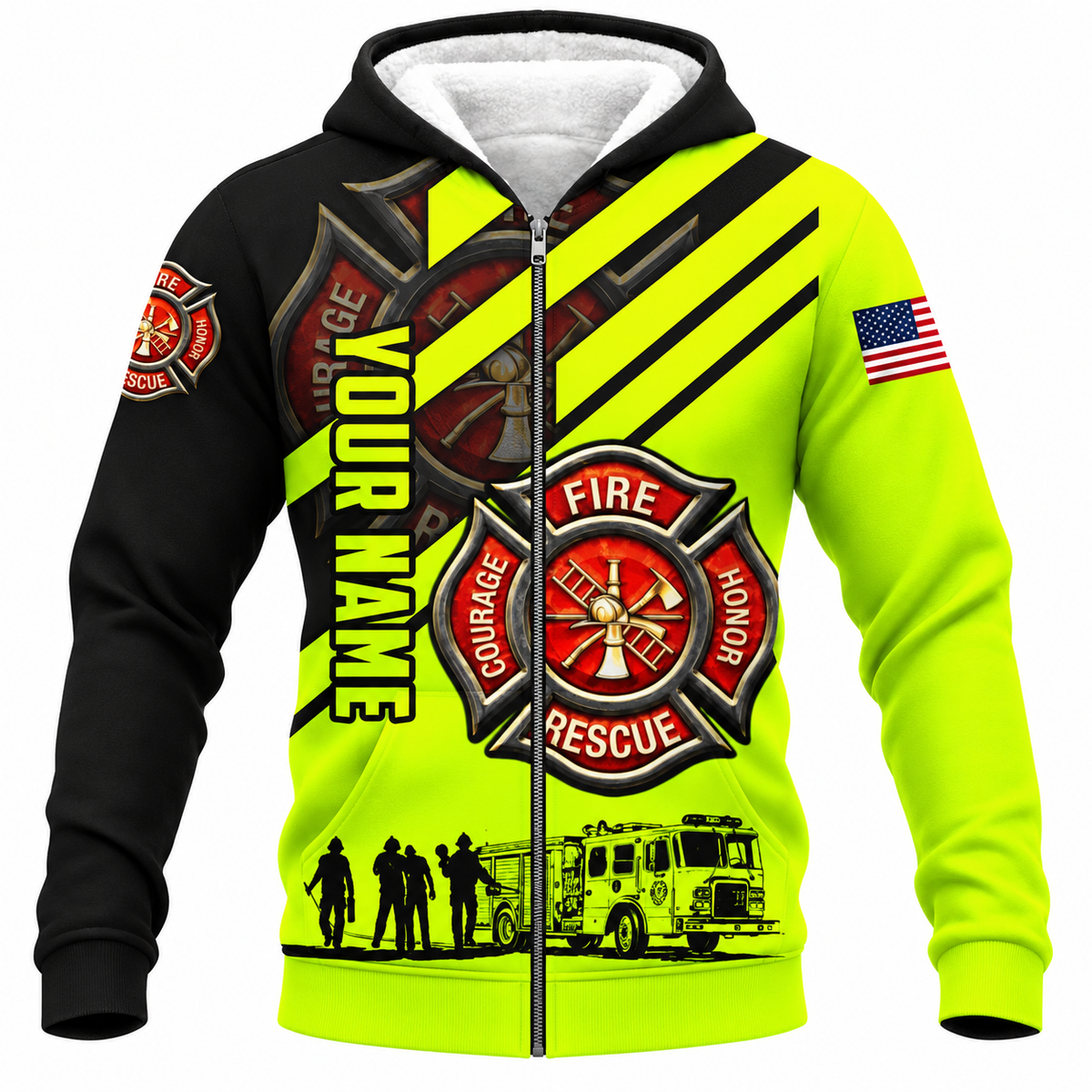 Personalized Firefighter Hoodie & T-Shirt - Neon Yellow Fire Rescue Print – Fleece Zip Hoodie, front view