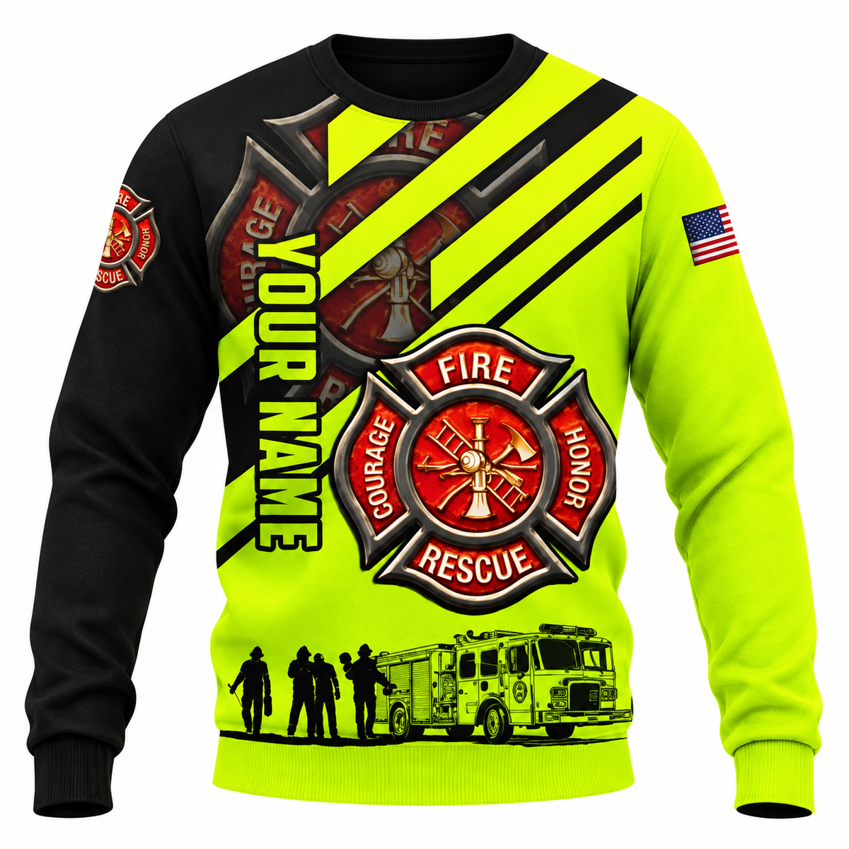 Personalized Firefighter Hoodie & T-Shirt - Neon Yellow Fire Rescue Print – Sweatshirt, front view