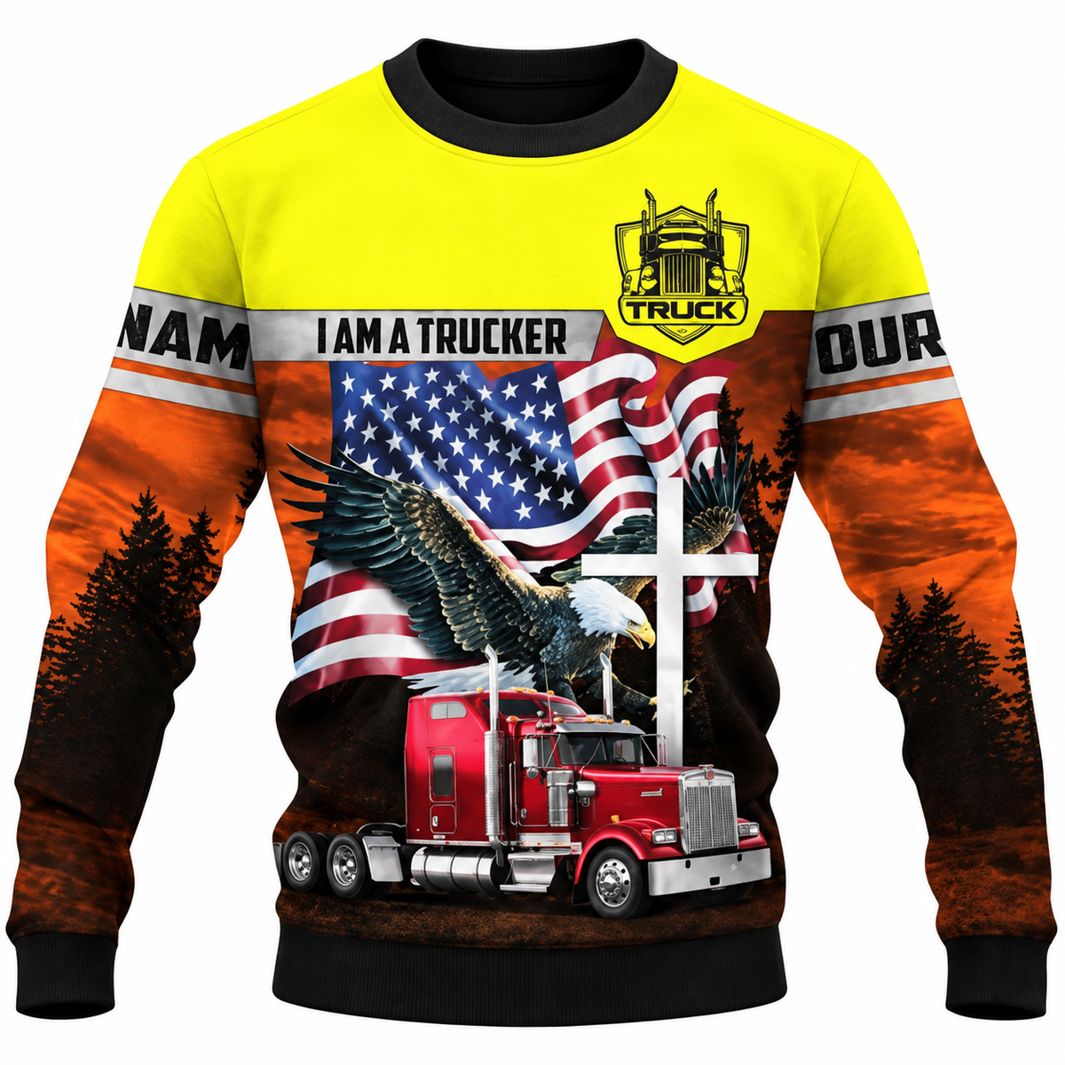 Personalized Trucker Hoodie & T-Shirt - Yellow Trucker Eagle Flag – Sweatshirt, front view