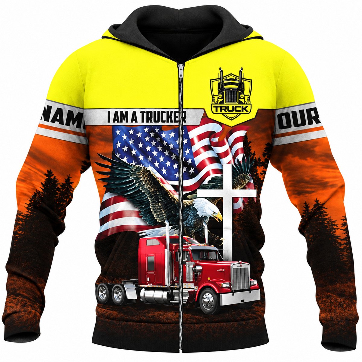Personalized Trucker Hoodie & T-Shirt - Yellow Trucker Eagle Flag – Zip Hoodie, front view