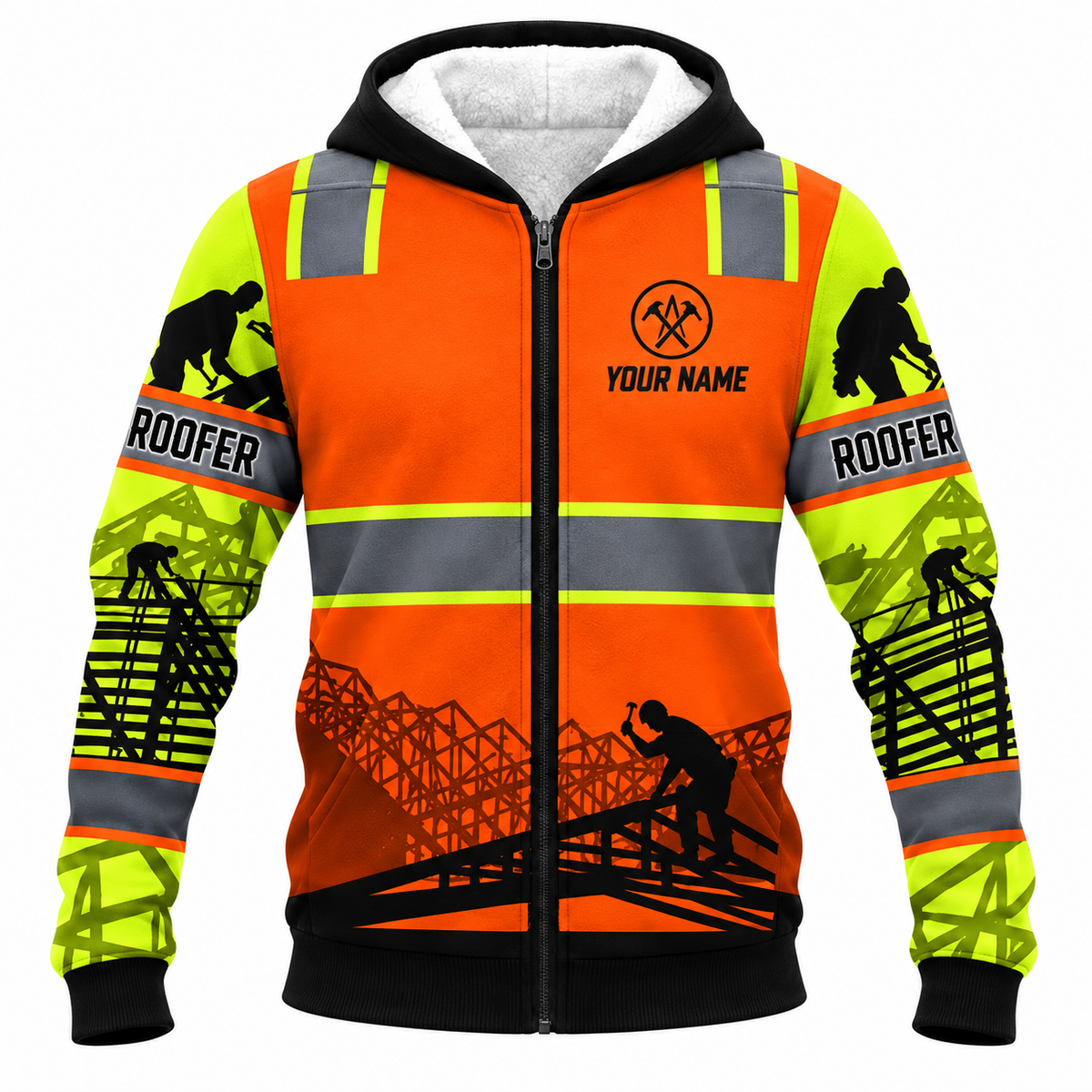 Personalized Roofer Hoodie & T-Shirt - Orange Roofer Vest Print – Fleece Zip Hoodie, front view