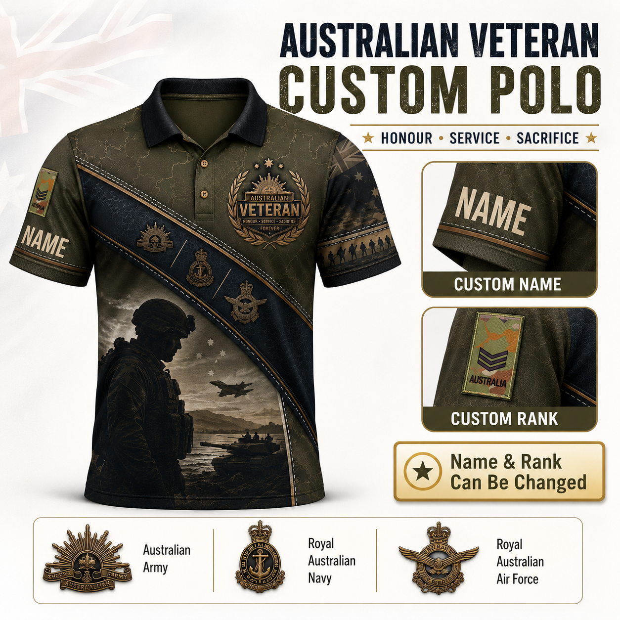 Personalized Australia Soldier/Veteran with Name and Rank Polo All Over Printed - QK1779753605