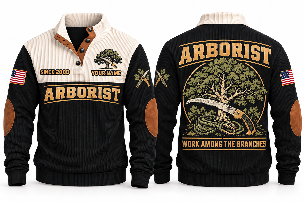 Arborist ARB01 sports sweatshirt black, front and back with flat printed artwork
