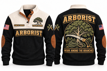Arborist ARB01 sports sweatshirt black, front and back with flat printed artwork