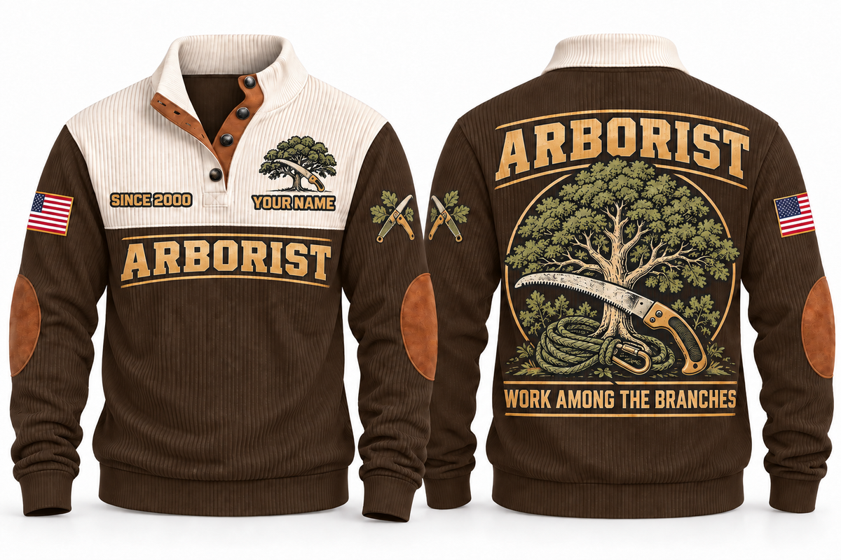 Arborist ARB01 sports sweatshirt brown, front and back with flat printed artwork