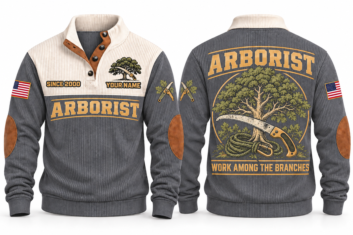 Arborist ARB01 sports sweatshirt grey, front and back with flat printed artwork