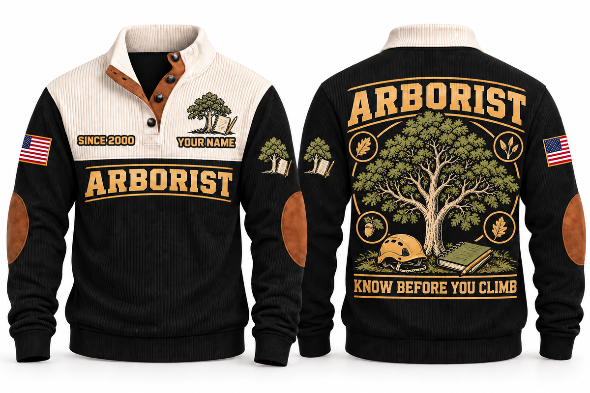 Arborist ARB02 sports sweatshirt black, front and back with flat printed artwork