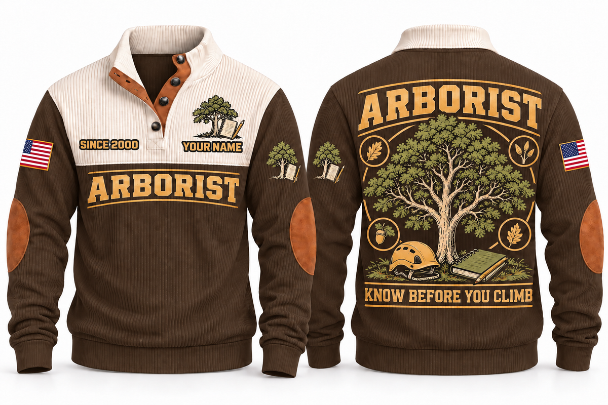 Arborist ARB02 sports sweatshirt brown, front and back with flat printed artwork