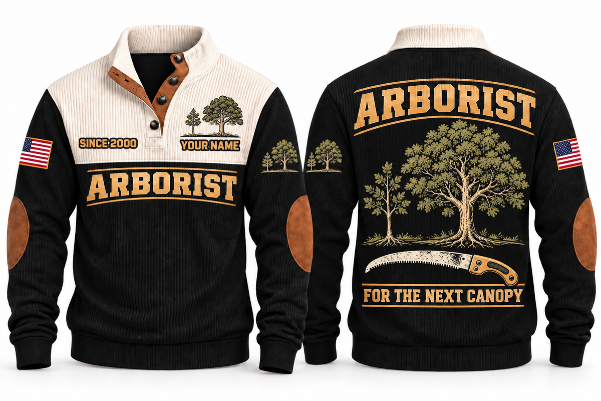 Arborist ARB03 sports sweatshirt black, front and back with flat printed artwork