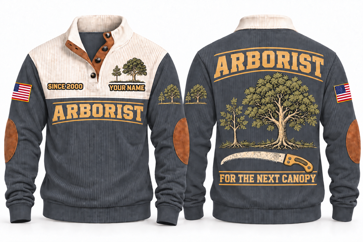 Arborist ARB03 sports sweatshirt grey, front and back with flat printed artwork