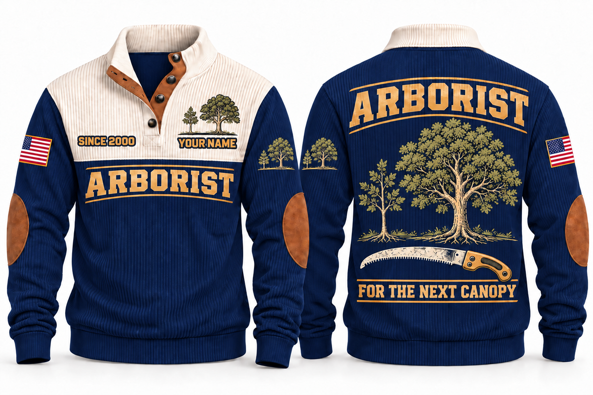 Arborist ARB03 sports sweatshirt navy, front and back with flat printed artwork