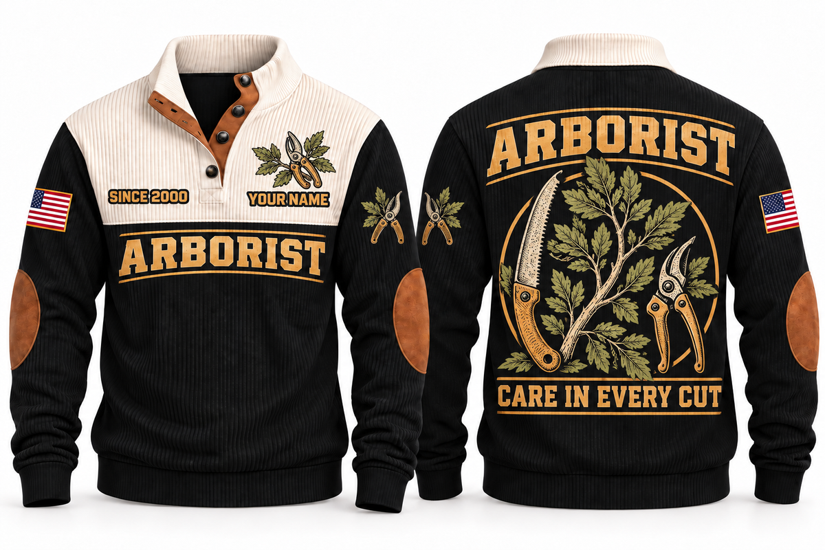 Arborist ARB04 sports sweatshirt black, front and back with flat printed artwork
