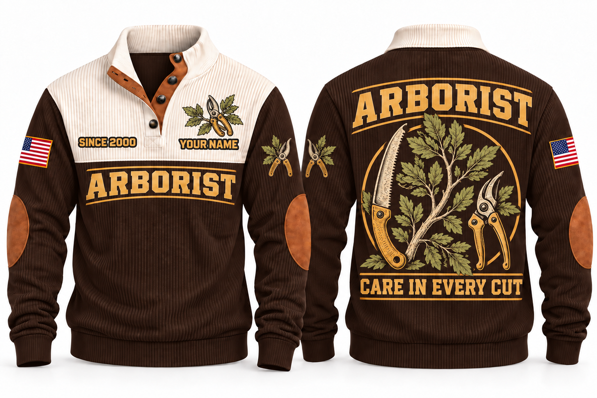 Arborist ARB04 sports sweatshirt brown, front and back with flat printed artwork