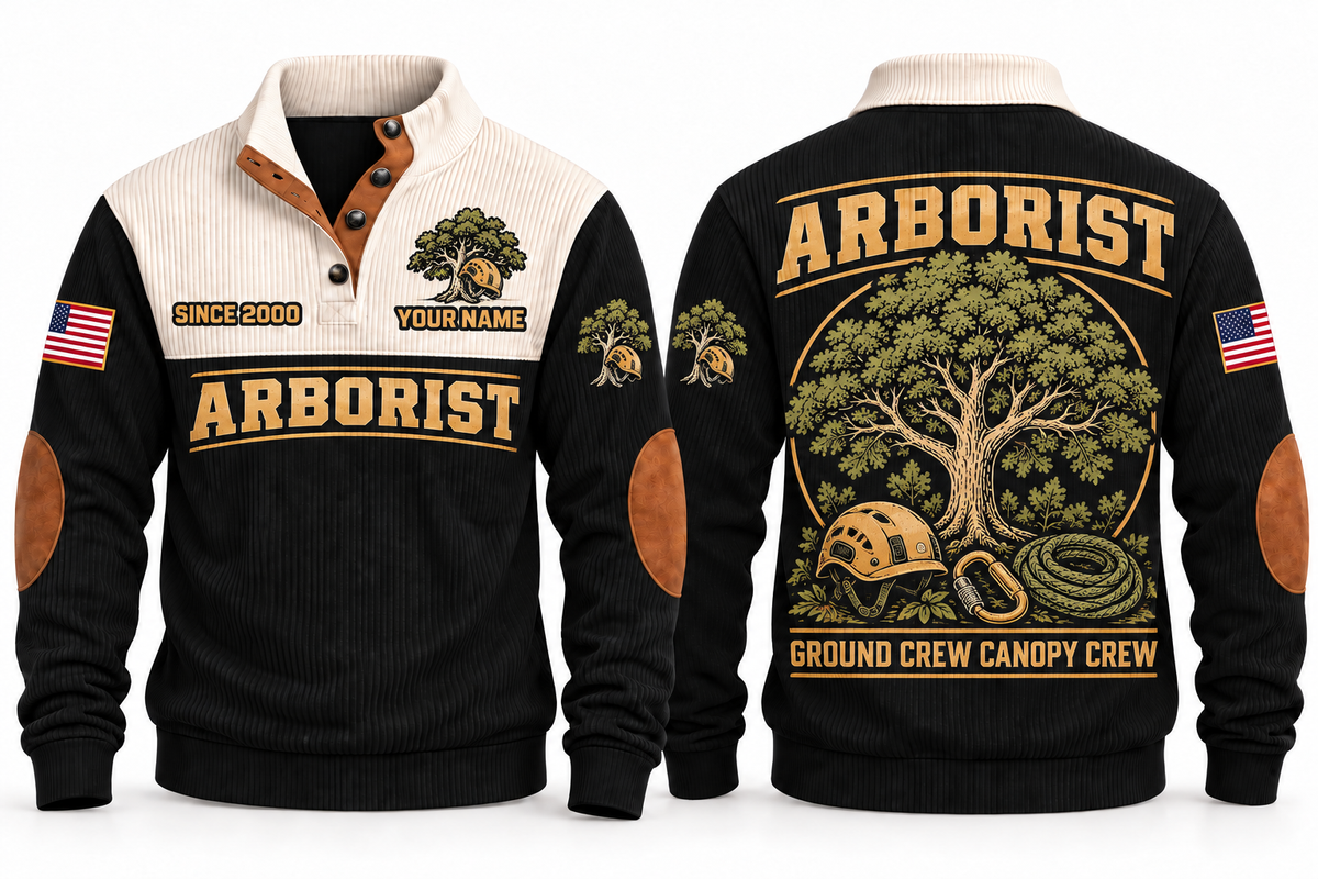 Arborist ARB05 sports sweatshirt black, front and back with flat printed artwork