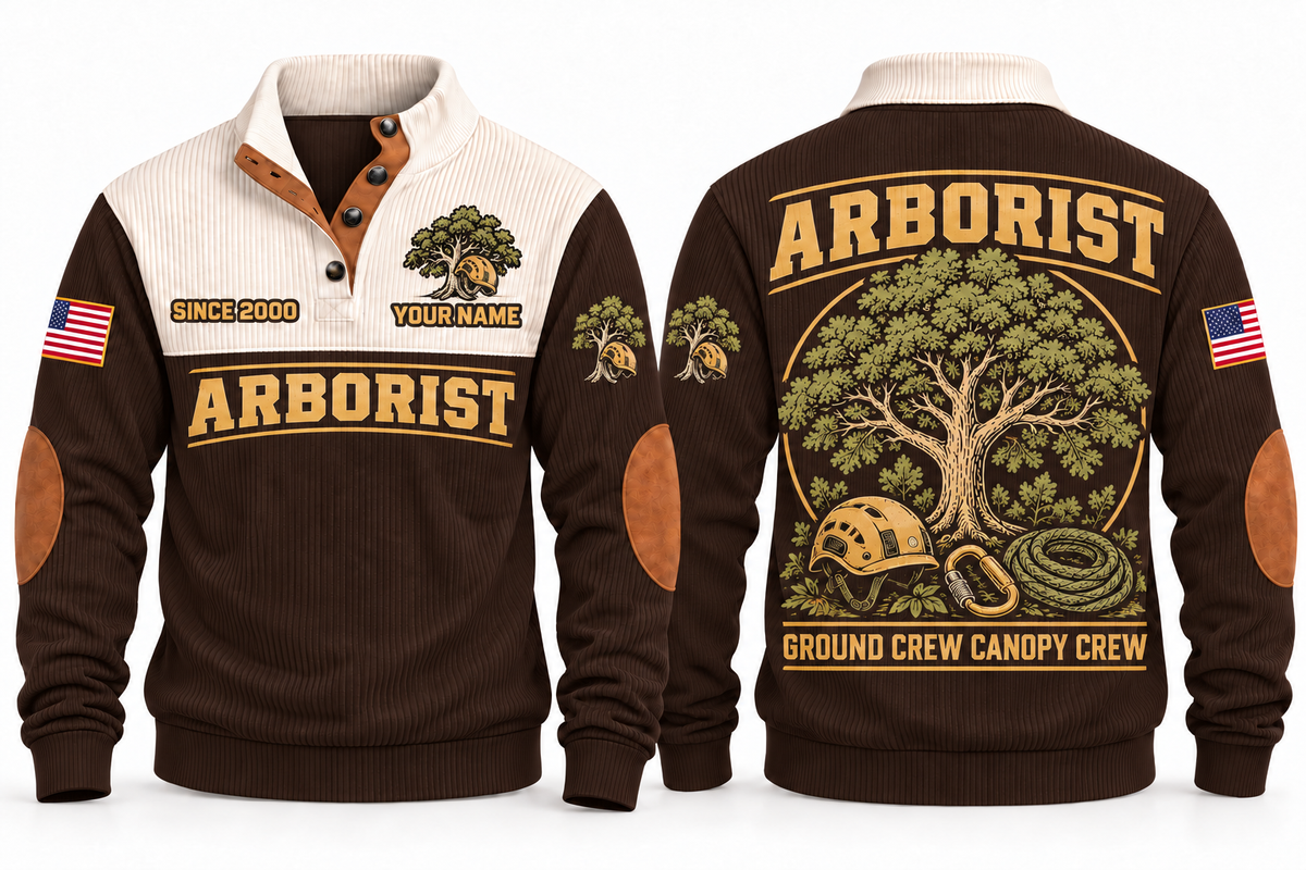 Arborist ARB05 sports sweatshirt brown, front and back with flat printed artwork