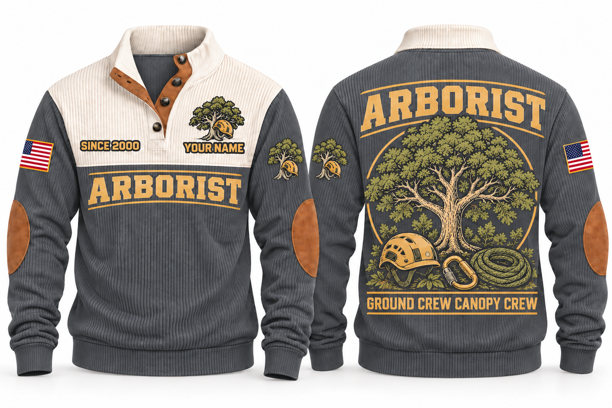 Arborist ARB05 sports sweatshirt grey, front and back with flat printed artwork