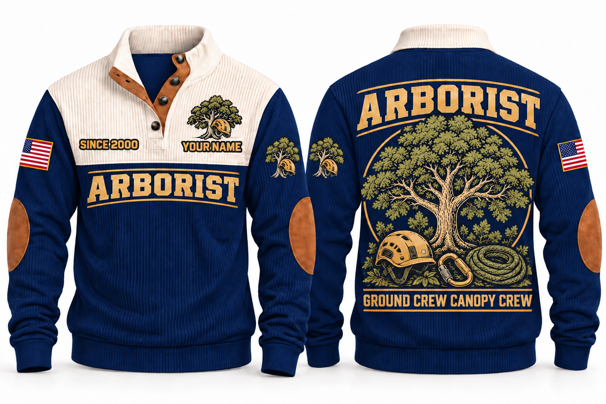 Arborist ARB05 sports sweatshirt navy, front and back with flat printed artwork
