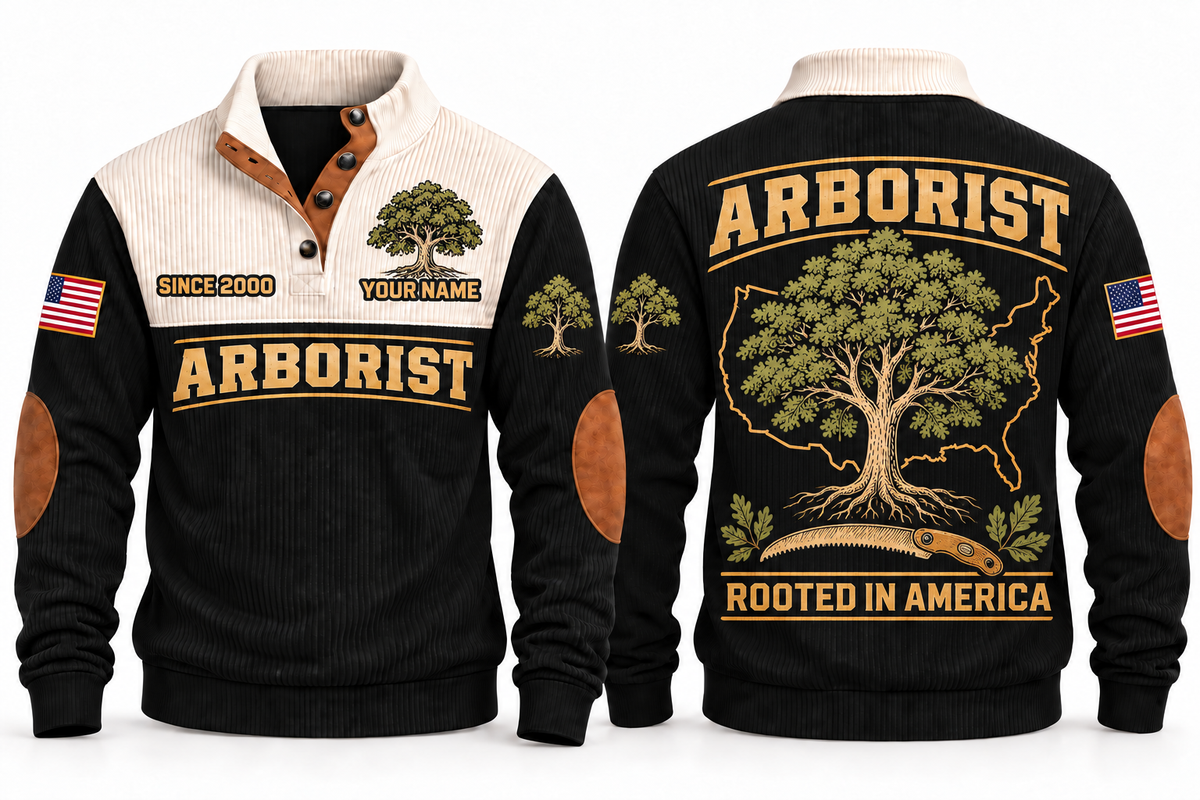 Arborist ARB06 sports sweatshirt black, front and back with flat printed artwork