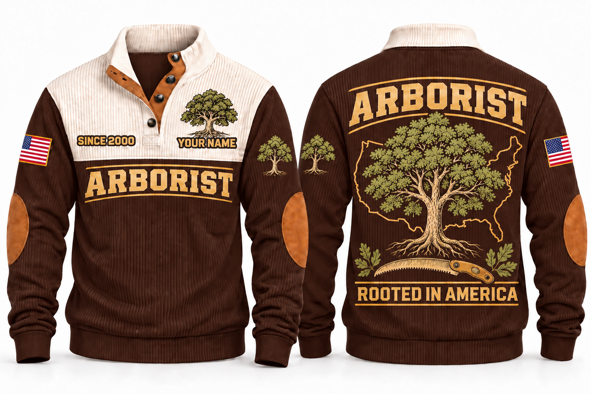 Arborist ARB06 sports sweatshirt brown, front and back with flat printed artwork