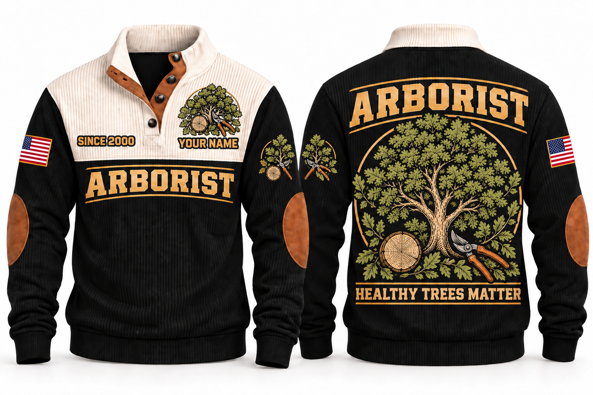 Arborist ARB07 sports sweatshirt black, front and back with flat printed artwork