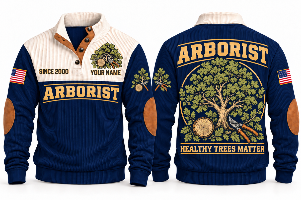 Arborist ARB07 sports sweatshirt navy, front and back with flat printed artwork