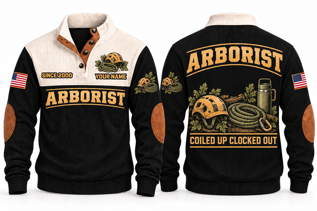 Arborist ARB08 sports sweatshirt black, front and back with flat printed artwork