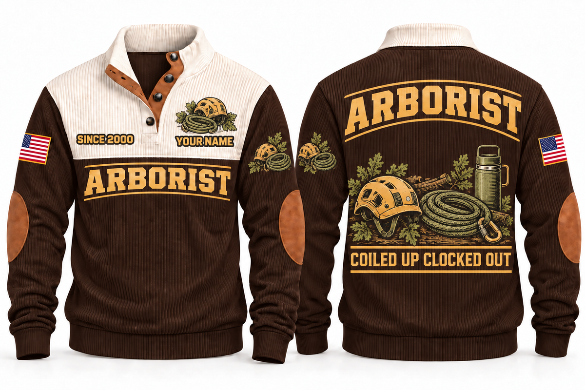 Arborist ARB08 sports sweatshirt brown, front and back with flat printed artwork
