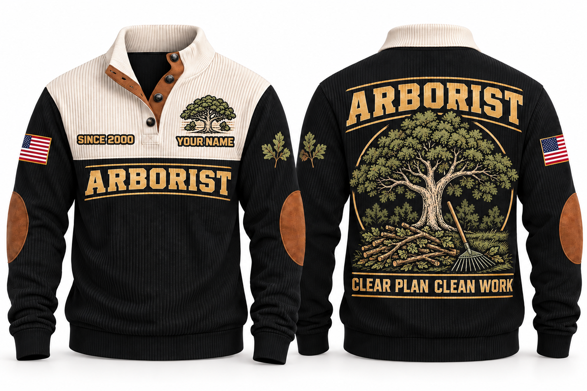 Arborist ARB09 sports sweatshirt black, front and back with flat printed artwork