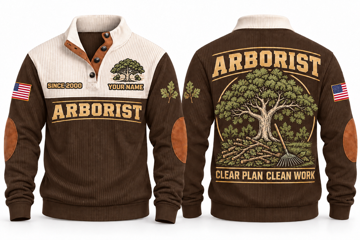 Arborist ARB09 sports sweatshirt brown, front and back with flat printed artwork