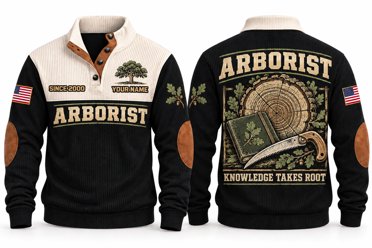 Arborist ARB10 sports sweatshirt black, front and back with flat printed artwork