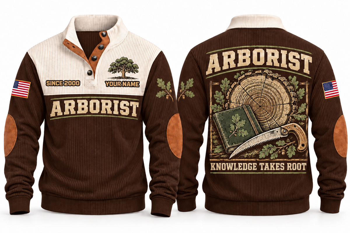 Arborist ARB10 sports sweatshirt brown, front and back with flat printed artwork
