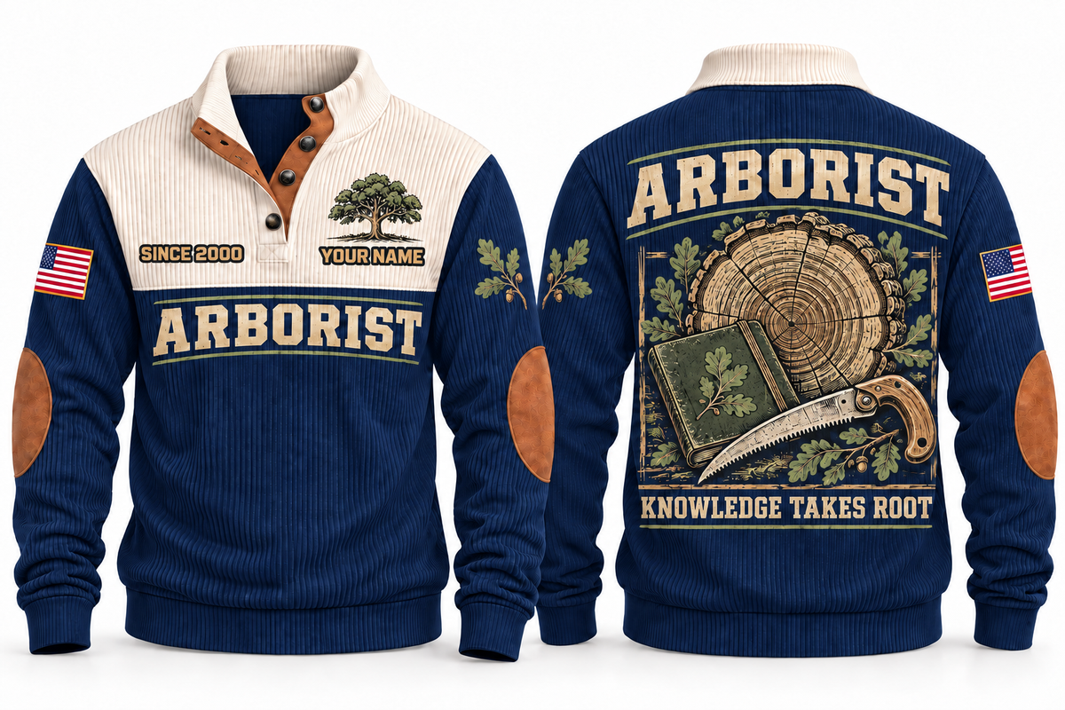 Arborist ARB10 sports sweatshirt navy, front and back with flat printed artwork