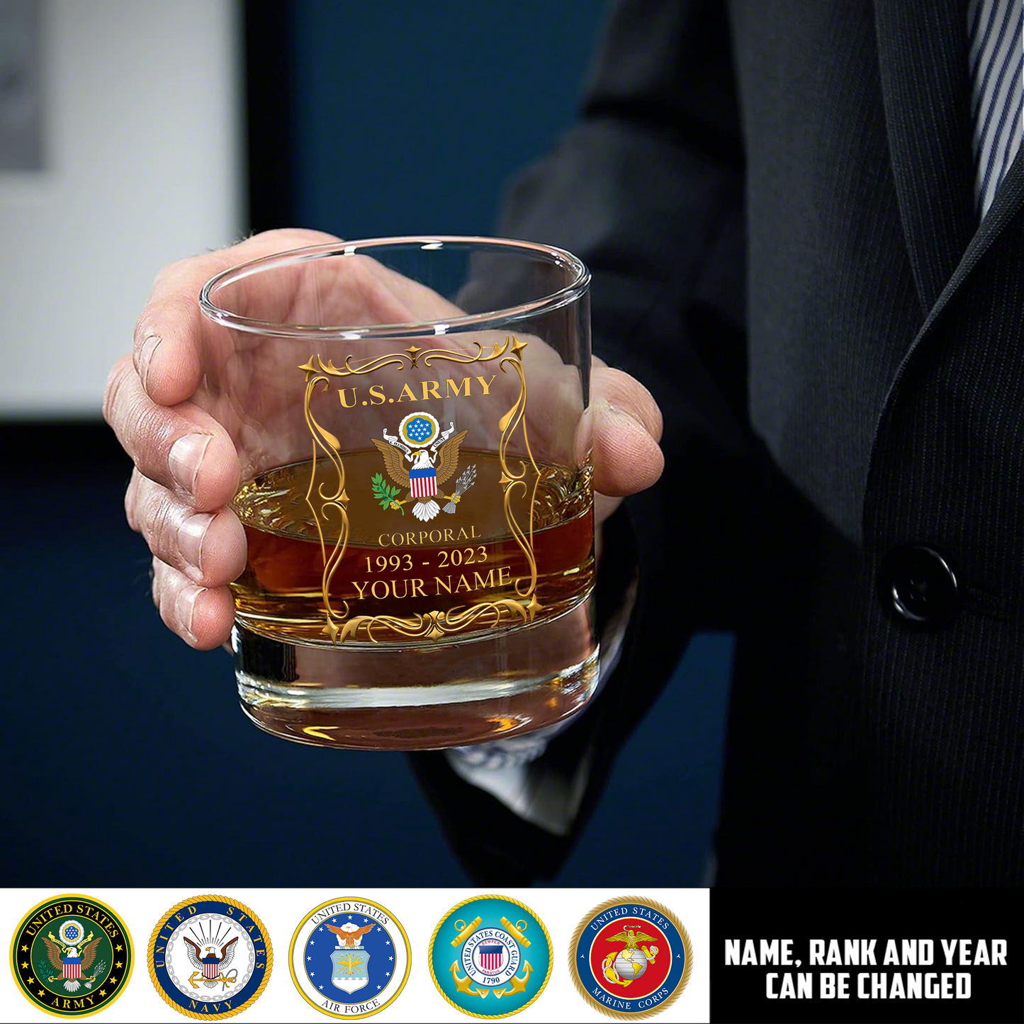 Army Branch - Personalized US Soldier/ Veteran With Rank, Name and Year Whiskey Glass - 17754084